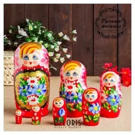 Матрёшка "Цветы и золото", красная, 7 кукольная