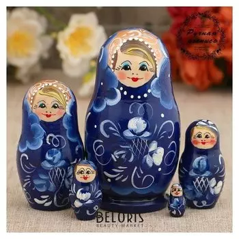 Матрёшка «Гжель», тёмно-синее платье, 5 кукольная, 10 см