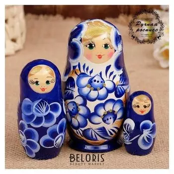 Матрёшка «Марина», сине-белое платье, 3 кукольная. 10 см