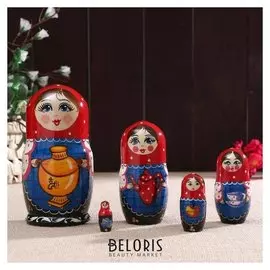 Матрёшка «Самовар», красный платок, 5 кукольная, 17 см
