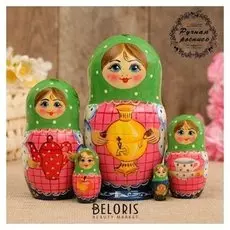 Матрёшка «Самовар», зелёный платок, 5 кукольная, 17 см