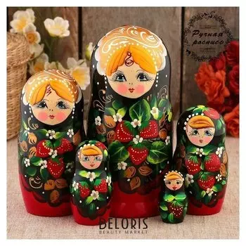 Матрёшка «Земляничка», чёрный платок, 5 кукольная, 18 см