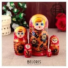 Матрёшка «Золотые цветы», красное платье, 5 кукольная, 15 см