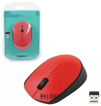 Мышь беспроводная Logitech M171, 2 кнопки + 1 колесо-кнопка, оптическая, красная