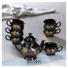 Набор чайный 7 предметов "Ромашка" чёрный, рябина, чайник 0,7 л и 6 чашек 0,2 л
