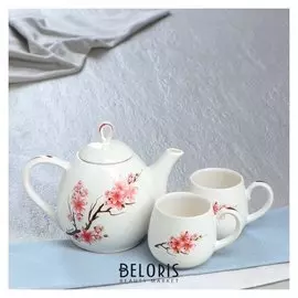 Набор чайный "Петелька" чайник 0,8 л, чашка 0,22, белый, цветы