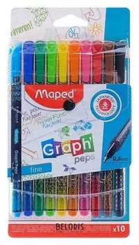 Набор капиллярных ручек 10 цветов, Graph Pep'S, толщина линии - 0.4 мм, эргономичная зона обхвата, в футляре