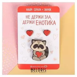 Набор значок и серьги на подложке "Енот"