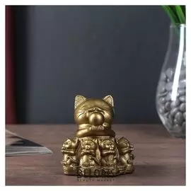 Нэцке полистоун бронза "Кот манэки-нэко с котятами" 7,5х6,5х7 см
