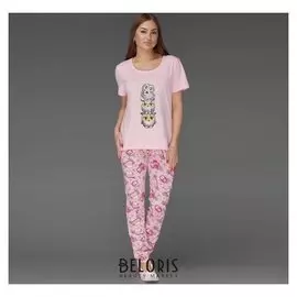Пижама женская (Футболка, брюки), цвет розовый/совы, размер 48