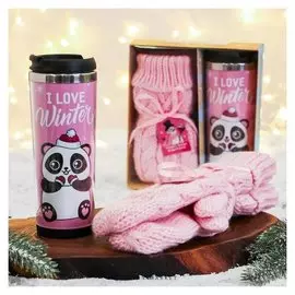 Подарочный набор I Love Winter, термостакан 450 мл, варежки универсальный р-р