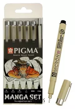 Ручка капиллярная, набор Pigma Micron Manga, разные типы, 6 штук (0.1, 0.3, 0.5, B, Pg, м/к 0.7)