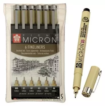 Ручка капиллярная, набор Sakura Pigma Micron 6 штук (0.2, 0.25, 0.3, 0.35, 0.45, 0.5)