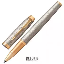 Ручка-роллер Parker "im Premium Warm Silver Gt, корпус серебристый матовый с гравировкой, позолоченные детали, черная