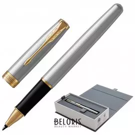 Ручка-роллер Parker "Sonnet Core Steel Gt", корпус серебристый, позолоченные детали, черная