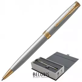 Ручка шариковая Parker "Sonnet Core Stainless Steel Gt", серебристый корпус, позолоченные детали, черная