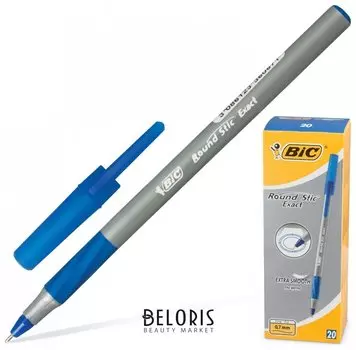 Ручка шариковая с грипом Bic "Round Stic Exact", синяя, корпус серый, узел 0,8 мм, линия письма 0,3 мм