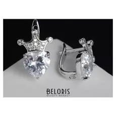 Серьги со стразами "Сердце с короной", цвет белый в серебре