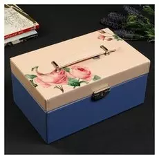 Шкатулка кожзам для украшений "Розовые розы" молочно-синяя 12х24х15,5 см