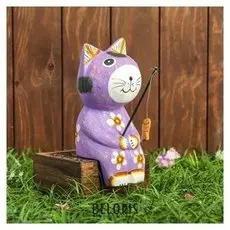 Сувенир дерево "Котёнок рыбак" фиолетовый 9х9х20 см