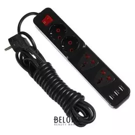 Удлинитель Luazon, 4 гнезда, 2 евро + 2 универс., с выкл., 2200вт, 3*usb, 5 м, 220в, черный 510184