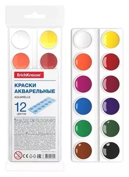 Акварель 12 цветов, Erichkrause, в мягком пластике, без кисти, экономичная упаковка, пакет с европодвесом