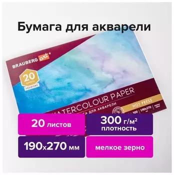 Альбом для акварели, бумага 300 г/м2, 190х270 мм, мелкое зерно, 20 листов, склейка, Brauberg ART Premiere, 113224