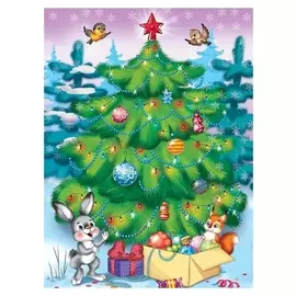 Алмазная мозаика 17×22 см, с подрамником, с полным заполнением, 18 цв. «Зверушки украшают ёлочку»