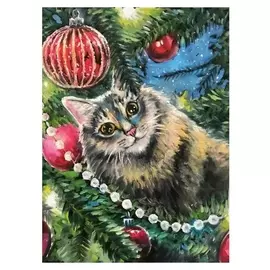 Алмазная мозаика 22×32 см, с подрамником, с полным заполнением, 21 цв. «Улыбающийся котик у ёлки»