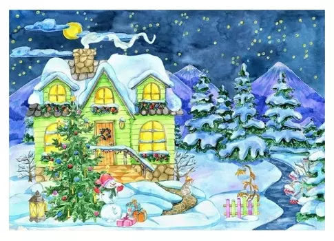 Алмазная мозаика, 30×40 см, без подрамника, с полным заполнением, 35 цв. «Заснеженый дом у ручья»