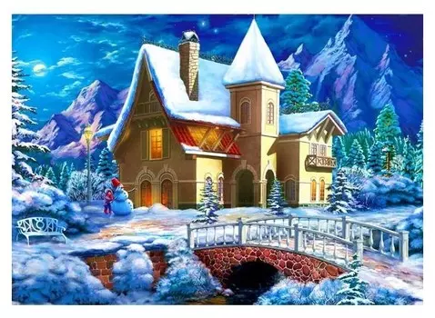 Алмазная мозаика 30×40 см, с подрамником, с полным заполнением, 34 цв. «Заснеженный дом у гор»