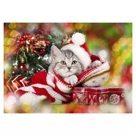 Алмазная мозаика 30×40 см, с подрамником, с полным заполнением, 35 цв. «Котик у ёлки»