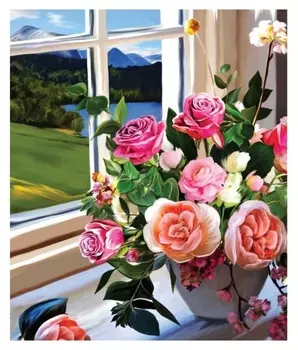 Алмазная вышивка с частичным заполнением «Букет на окне» 40х50 см, на раме