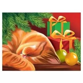 Алмазная вышивка с частичным заполнением «Котёнок под ёлкой» 15х21 см, холст