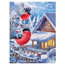 Алмазная вышивка с частичным заполнением на раме "Снегири и рябина" 30*40 см