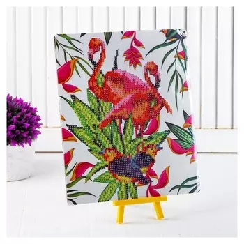 Алмазная вышивка с частичным заполнением «Пара фламинго с птичками», с подставкой, размер картины: 21 × 25 см