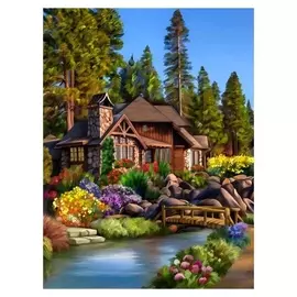 Алмазная вышивка с полным заполнением «Домик в цветах» 50x60 см, на раме