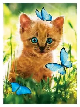 Алмазная вышивка с полным заполнением «Котёнок с бабочками» 15х21 см, на холсте