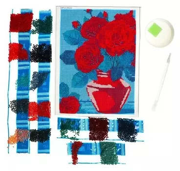 Алмазная вышивка с полным заполнением «Розы в вазе» 15х21 см, на холсте