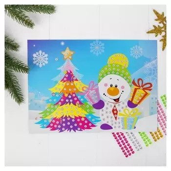 Аппликация круглыми стразами «Снеговик с ёлкой»