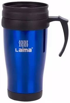 Автокружка 400 мл, термостакан с ручкой, винтовая крышка-клапан, пластик/сталь, синяя, Laima, 605128