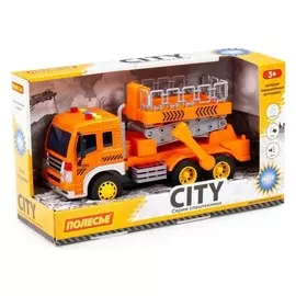 Автомобиль «Сити» с подъёмником, инерционный, со светом и звуком, цвет оранжевый