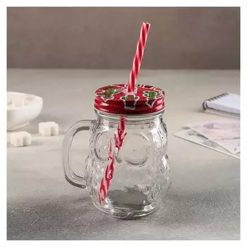 Банка 470 мл "Сова", с ручкой, крышкой и трубочкой