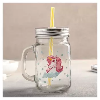 Банка с ручкой, крышкой и трубочкой 450 мл "Единорог"