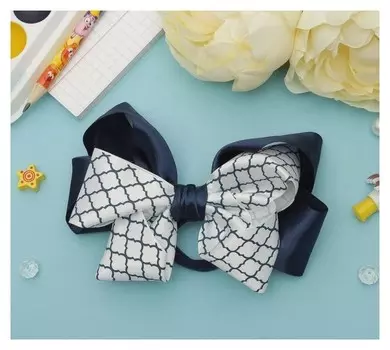 Бант для девочек "Школьница", узор, бело-синий