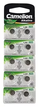 Батарейка алкалиновая Camelion Mercury Free, AG5 (393, Lr754)-10bl, 1.5в, блистер, 10 шт.