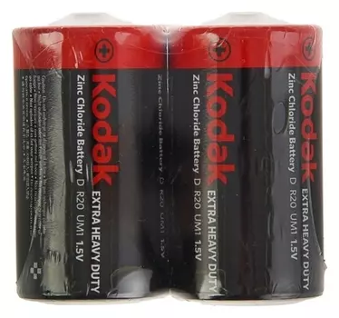 Батарейка солевая Kodak Extra Heavy Duty, D, R20-2s, 1.5в, спайка, 2 шт.
