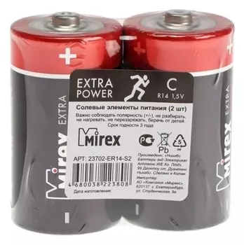 Батарейка солевая Mirex, C, R14-2s, 1.5в, спайка, 2 шт.