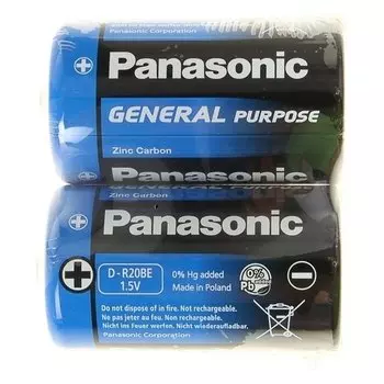 Батарейка солевая Panasonic General Purpose, D, R20-2s, 1.5в, спайка, 2 шт.