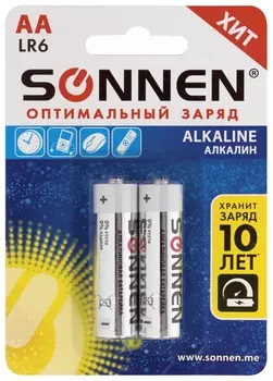 Батарейки комплект 2 шт., Sonnen Alkaline, АА (Lr6, 15а), алкалиновые, пальчиковые, блистер, 451084